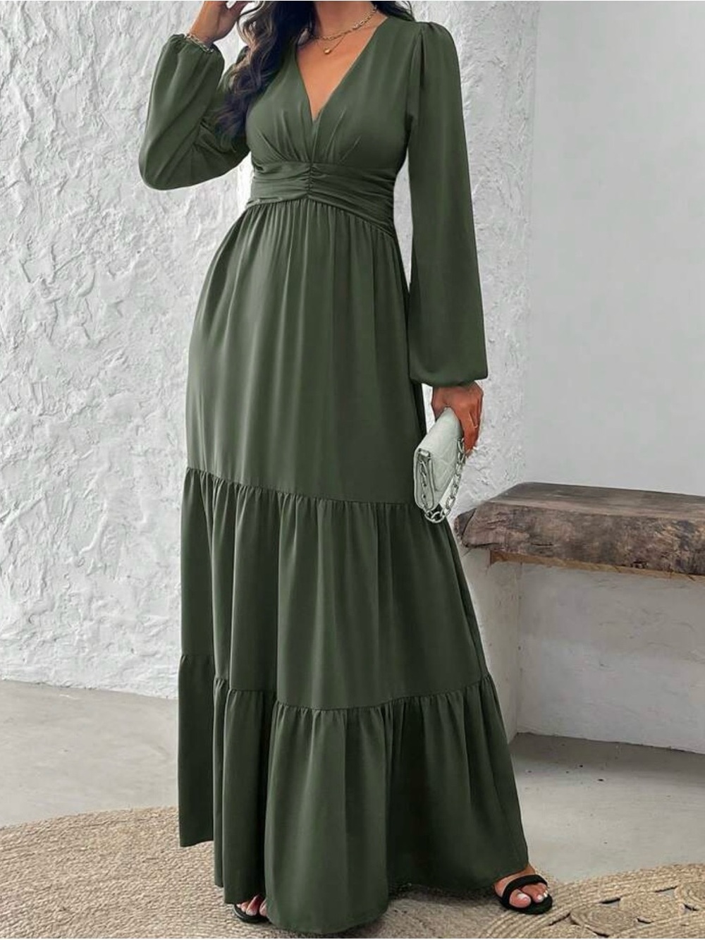 Olive Green V-Neck Maxi Dress - Elegant Long Sleeve